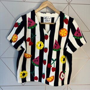 Vintage Michael Simon Embroidered Beaded Croch Fruit Short Sleeve Cardigan